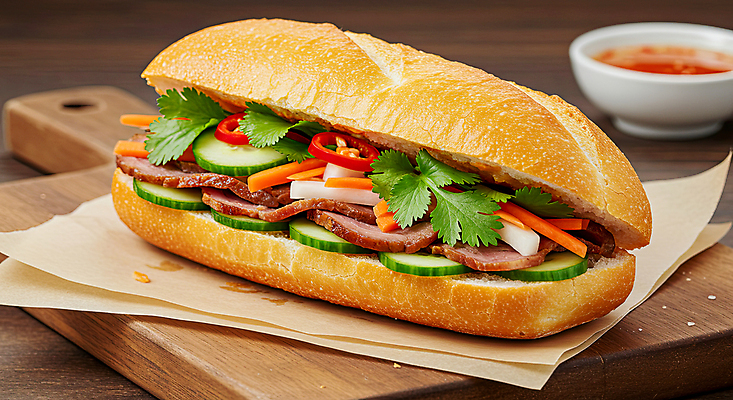 JPG 편집이미지 양파 오이 샌드위치 육류 사람없음 당근 고수 슬라이스 홍고추 베트남 칠리소스 나무도마 동남아음식 소스그릇 반미 종이호일 편집실사 AI포토 AI콘텐츠 그릇 음식 채소 식재료 고추 뿌리채소 도마 목재 동남아시아 소스_음식 향신료 CG 베트남음식 파일형식