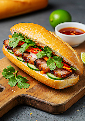 JPG 편집이미지 양파 오이 샌드위치 육류 사람없음 당근 고수 슬라이스 홍고추 베트남 라임 칠리소스 나무도마 동남아음식 소스그릇 반미 편집실사 AI포토 AI콘텐츠 그릇 음식 채소 과일 식재료 고추 뿌리채소 도마 목재 동남아시아 소스_음식 향신료 CG 베트남음식 파일형식