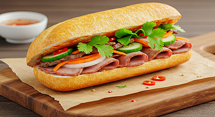 JPG 편집이미지 양파 오이 샌드위치 육류 사람없음 당근 고수 슬라이스 홍고추 베트남 칠리소스 나무도마 동남아음식 소스그릇 슬라이스햄 반미 종이호일 편집실사 AI포토 AI콘텐츠 그릇 음식 채소 식재료 고추 뿌리채소 도마 목재 동남아시아 소스_음식 향신료 CG 햄 베트남음식 파일형식