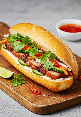 JPG 편집이미지 양파 단면 오이 샌드위치 육류 사람없음 당근 고수 슬라이스 홍고추 베트남 라임 칠리소스 나무도마 동남아음식 반미 편집실사 AI포토 AI콘텐츠 음식 채소 과일 식재료 고추 뿌리채소 도마 목재 동남아시아 소스_음식 향신료 CG 베트남음식 파일형식