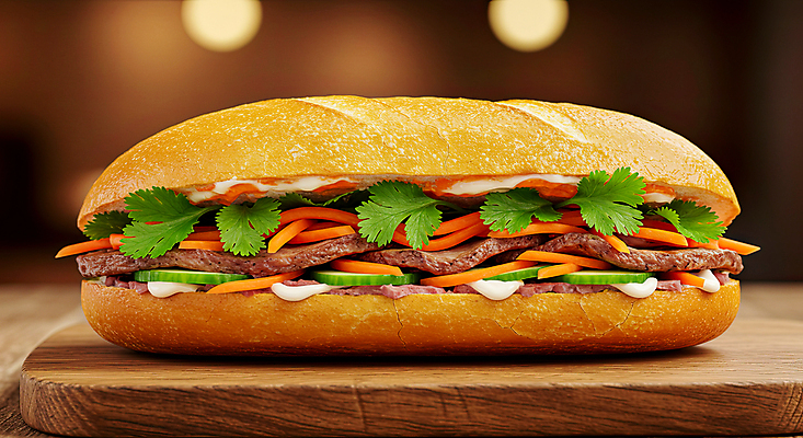 JPG 편집이미지 양파 오이 샌드위치 육류 사람없음 당근 소스 고수 슬라이스 보케 홍고추 베트남 나무도마 동남아음식 반미 편집실사 AI포토 AI콘텐츠 음식 채소 식재료 고추 뿌리채소 도마 목재 동남아시아 양념 향신료 CG 베트남음식 파일형식