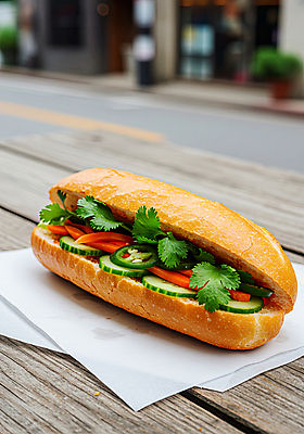 JPG 편집이미지 고추 오이 샌드위치 사람없음 야외 당근 고수 슬라이스 베트남 나무탁자 동남아음식 반미 종이호일 편집실사 AI포토 AI콘텐츠 음식 채소 탁자 뿌리채소 동남아시아 향신료 CG 베트남음식 파일형식