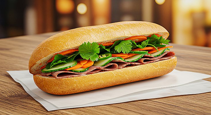 JPG 편집이미지 오이 샌드위치 육류 사람없음 당근 고수 슬라이스 보케 베트남 나무탁자 동남아음식 슬라이스햄 반미 종이호일 편집실사 AI포토 AI콘텐츠 음식 채소 식재료 탁자 뿌리채소 동남아시아 향신료 CG 햄 베트남음식 파일형식