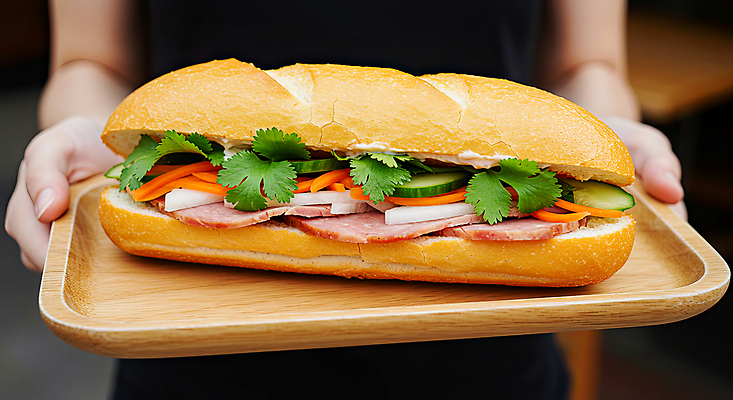 JPG 편집이미지 손 양파 오이 샌드위치 육류 들기 신체부위 당근 고수 슬라이스 베트남 나무쟁반 동남아음식 반미 편집실사 AI인물포토 AI콘텐츠 음식 채소 식재료 모션 뿌리채소 쟁반 사람 목재 동남아시아 향신료 CG 베트남음식 파일형식 AI포토