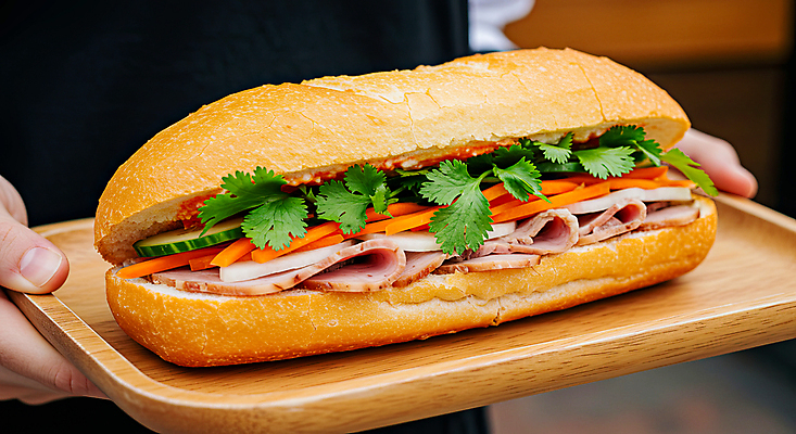 JPG 편집이미지 양파 오이 샌드위치 육류 들기 신체부위 당근 고수 슬라이스 홍고추 베트남 나무쟁반 동남아음식 슬라이스햄 반미 편집실사 AI포토 AI콘텐츠 음식 채소 식재료 모션 고추 뿌리채소 쟁반 사람 목재 동남아시아 향신료 CG 햄 베트남음식 파일형식