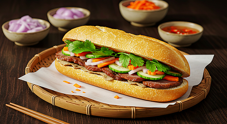 JPG 편집이미지 그릇 젓가락 양파 오이 샌드위치 육류 사람없음 당근 고수 슬라이스 베트남 칠리소스 대나무소쿠리 동남아음식 부스러기 양파피클 반미 종이호일 편집실사 AI포토 AI콘텐츠 식기 음식 채소 식재료 뿌리채소 수저 동남아시아 소스_음식 향신료 CG 피클 베트남음식 파일형식