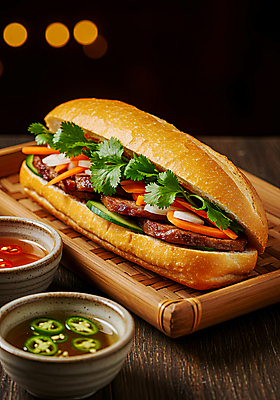 JPG 편집이미지 고추 양파 오이 샌드위치 육류 사람없음 당근 고수 슬라이스 보케 간장 베트남 칠리소스 대나무소쿠리 동남아음식 소스그릇 반미 편집실사 AI포토 AI콘텐츠 그릇 음식 채소 식재료 뿌리채소 동남아시아 양념 소스_음식 향신료 CG 베트남음식 파일형식