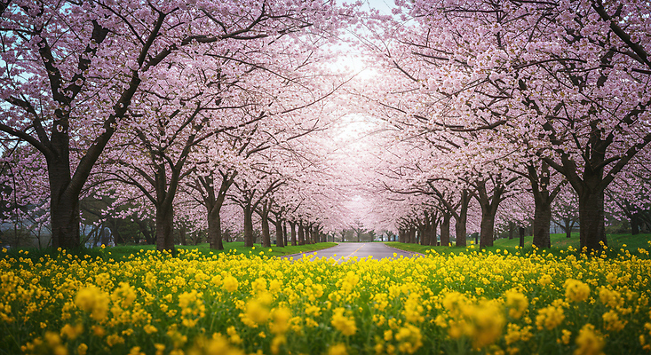 JPG 편집이미지 분홍색 꽃밭 사람없음 봄풍경 나뭇가지 벚나무 개나리 꽃길 편집실사 AI포토 AI콘텐츠 나무 꽃 길 컬러 풍경 봄 벚꽃 CG 파일형식