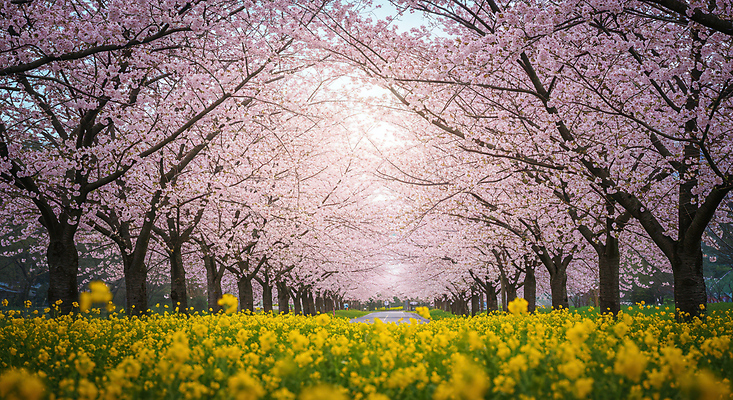 JPG 편집이미지 분홍색 꽃밭 사람없음 봄풍경 나뭇가지 벚나무 개나리 꽃길 편집실사 AI포토 AI콘텐츠 나무 꽃 길 컬러 풍경 봄 벚꽃 CG 파일형식