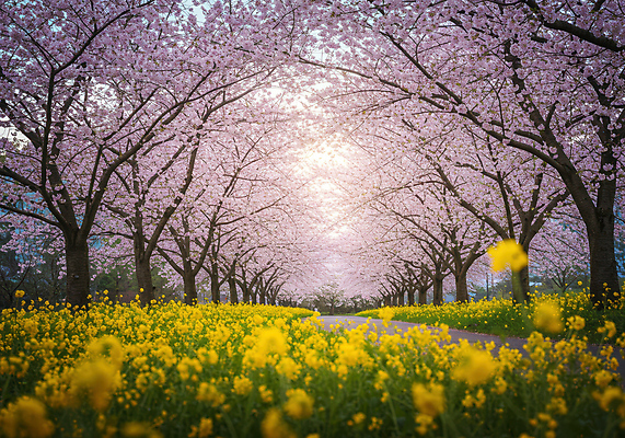 JPG 편집이미지 분홍색 사람없음 봄풍경 나뭇가지 벚나무 개나리 꽃길 편집실사 AI포토 AI콘텐츠 나무 꽃 길 컬러 풍경 봄 벚꽃 CG 파일형식