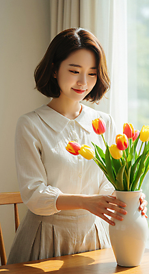 JPG 편집이미지 여자 의자 탁자 실내 한명 미소 상반신 성인 햇빛 꽃병 튤립 잡기 꽃꽂이 의료성형뷰티 성인여자한명만 편집실사 AI인물포토 AI콘텐츠 1 꽃 가구 모션 표정 사람 내부 태양 CG 원예 여자한명만 성인여자만 파일형식 AI포토