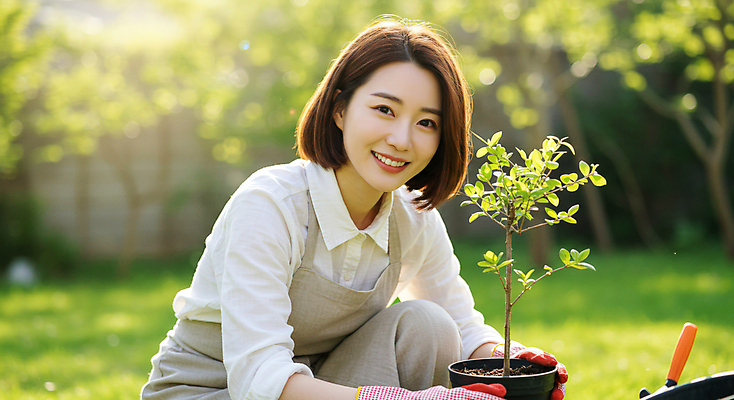 JPG 식물 편집이미지 응시 여자 화분 장갑 한명 미소 들기 잔디 성인 야외 햇빛 정원 앞치마 모종삽 원예 심기 의료성형뷰티 성인여자한명만 편집실사 AI인물포토 AI콘텐츠 1 시선 잡화 모션 표정 사람 취미 태양 삽 CG 여자한명만 성인여자만 파일형식 AI포토