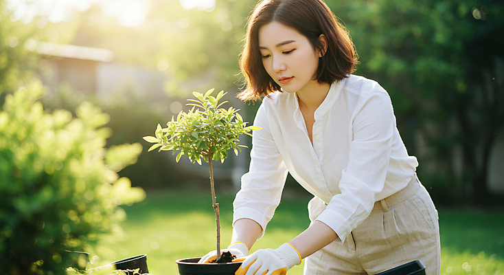 JPG 식물 편집이미지 여자 화분 한명 잔디 성인 야외 햇빛 원예 목장갑 묘목 심기 의료성형뷰티 성인여자한명만 편집실사 AI인물포토 AI콘텐츠 나무 1 장갑 모션 사람 취미 태양 CG 여자한명만 성인여자만 파일형식 AI포토