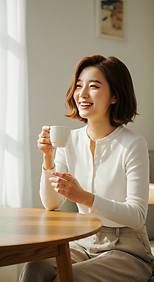 JPG 편집이미지 여자 액자 의자 탁자 실내 한명 미소 들기 앉기 성인 햇빛 손들기 머그컵 커튼 의료성형뷰티 성인여자한명만 편집실사 AI인물포토 AI콘텐츠 1 가구 모션 표정 사람 내부 컵 태양 CG 여자한명만 성인여자만 파일형식 AI포토