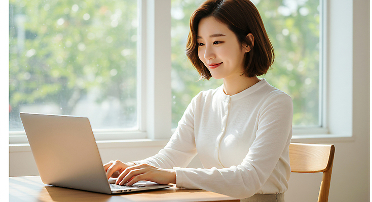 JPG 편집이미지 여자 의자 창문 탁자 실내 한명 미소 앉기 성인 노트북 햇빛 타이핑 의료성형뷰티 성인여자한명만 편집실사 AI인물포토 AI콘텐츠 1 가구 모션 표정 사람 내부 전자제품 태양 CG 여자한명만 성인여자만 파일형식 AI포토