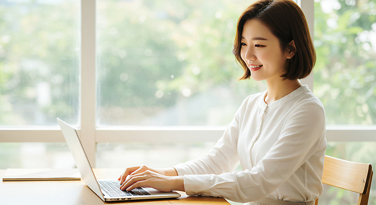 JPG 편집이미지 여자 의자 창문 탁자 실내 한명 미소 앉기 성인 노트북 햇빛 타이핑 의료성형뷰티 성인여자한명만 편집실사 AI인물포토 AI콘텐츠 1 가구 모션 표정 사람 내부 전자제품 태양 CG 여자한명만 성인여자만 파일형식 AI포토