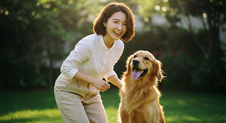 JPG 편집이미지 여자 한명 웃음 성인 야외 햇빛 손들기 정원 골든리트리버 강아지 놀기 의료성형뷰티 성인여자한명만 편집실사 AI인물포토 AI콘텐츠 1 모션 표정 사람 반려동물 태양 개 리트리버 CG 여자한명만 성인여자만 파일형식 AI포토