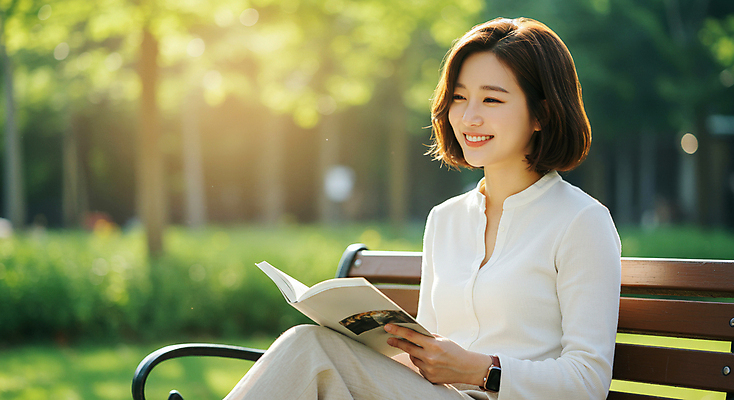 JPG 나무 편집이미지 공원 여자 벤치 한명 미소 들기 잔디 성인 야외 책 독서 햇빛 의료성형뷰티 성인여자한명만 편집실사 AI인물포토 AI콘텐츠 식물 1 공공시설 의자 모션 표정 사람 태양 CG 여자한명만 성인여자만 파일형식 AI포토