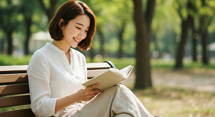 JPG 나무 편집이미지 공원 여자 벤치 한명 미소 들기 성인 야외 책 독서 햇빛 의료성형뷰티 성인여자한명만 편집실사 AI인물포토 AI콘텐츠 식물 1 공공시설 의자 모션 표정 사람 태양 CG 여자한명만 성인여자만 파일형식 AI포토