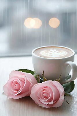 JPG 편집이미지 잎 사람없음 장미 물방울 봄비 커피잔 창가 보케 라떼아트 카페라떼 편집실사 AI포토 AI콘텐츠 식물 꽃 커피 창문 잔 봄 비_날씨 CG 그림 라떼 파일형식