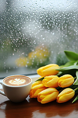 JPG 편집이미지 사람없음 튤립 물방울 풀잎 봄비 커피잔 창가 라떼아트 카페라떼 편집실사 AI포토 AI콘텐츠 꽃 커피 잎 창문 잔 봄 풀_식물 비_날씨 CG 그림 라떼 파일형식