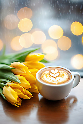 JPG 편집이미지 사람없음 튤립 풀잎 봄비 커피잔 창가 보케 라떼아트 카페라떼 편집실사 AI포토 AI콘텐츠 꽃 커피 잎 창문 잔 봄 풀_식물 비_날씨 CG 그림 라떼 파일형식