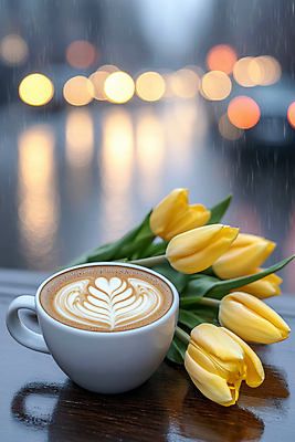 JPG 편집이미지 사람없음 튤립 풀잎 봄비 커피잔 창가 보케 라떼아트 카페라떼 편집실사 AI포토 AI콘텐츠 꽃 커피 잎 창문 잔 봄 풀_식물 비_날씨 CG 그림 라떼 파일형식