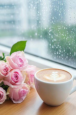 JPG 편집이미지 잎 사람없음 장미 봄비 커피잔 창가 라떼아트 카페라떼 편집실사 AI포토 AI콘텐츠 식물 꽃 커피 창문 잔 봄 비_날씨 CG 그림 라떼 파일형식