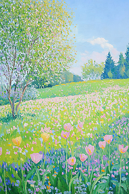 JPG 나무 구름 꽃밭 일러스트 하늘 초원 사람없음 봄풍경 튤립 그림 유화 국내일러스트 AI일러스트 AI콘텐츠 자연요소 식물 꽃 미술 풍경 봄 파일형식