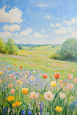 JPG 나무 구름 꽃밭 일러스트 하늘 초원 사람없음 봄풍경 튤립 그림 유화 국내일러스트 AI일러스트 AI콘텐츠 자연요소 식물 꽃 미술 풍경 봄 파일형식