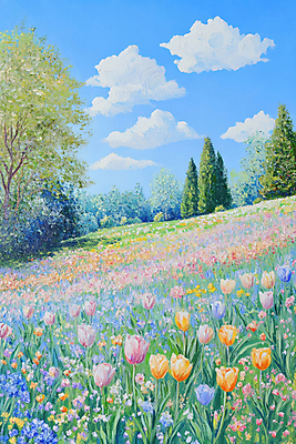JPG 나무 구름 꽃밭 일러스트 하늘 초원 사람없음 봄풍경 튤립 그림 유화 국내일러스트 AI일러스트 AI콘텐츠 자연요소 식물 꽃 미술 풍경 봄 파일형식