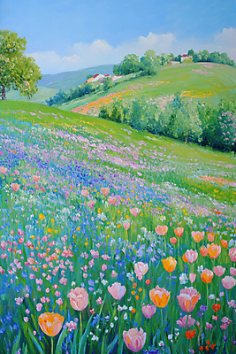 JPG 나무 구름 꽃밭 일러스트 하늘 초원 사람없음 봄풍경 튤립 그림 유화 국내일러스트 AI일러스트 AI콘텐츠 자연요소 식물 꽃 미술 풍경 봄 파일형식