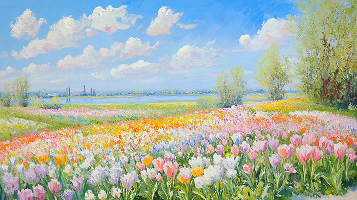 JPG 나무 구름 꽃밭 일러스트 하늘 초원 사람없음 봄풍경 튤립 그림 유화 국내일러스트 AI일러스트 AI콘텐츠 자연요소 식물 꽃 미술 풍경 봄 파일형식