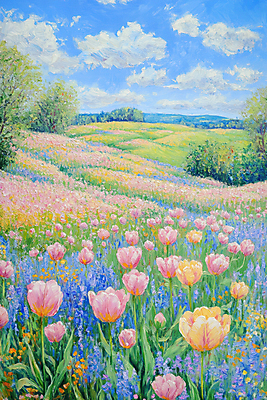 JPG 나무 구름 꽃밭 일러스트 하늘 초원 사람없음 봄풍경 튤립 그림 유화 국내일러스트 AI일러스트 AI콘텐츠 자연요소 식물 꽃 미술 풍경 봄 파일형식