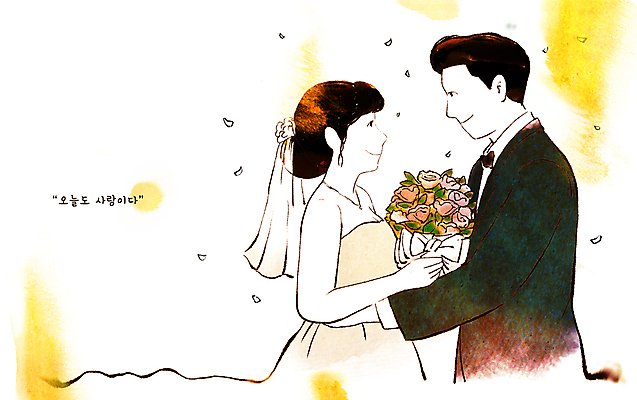 PSD 여자 남자 행복 꽃다발 웨딩드레스 허리손 일러스트 신혼부부 결혼식 수채화 면사포 따뜻함 사랑 미소 들기 턱시도 상반신 성인 두명 노란색 마주보기 마음 꽃가루 신랑신부 성인만 국내일러스트 부부 드레스 꽃 감정 신부_웨딩 컬러 포즈 신랑 결혼 모션 표정 사람 정장 가루 신혼 결혼소품 파일형식