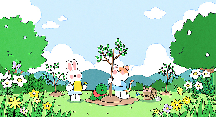 나무 구름 꽃 나비 일러스트 하늘 의인화 개구리 미소 들기 잔디 사람없음 고양이 물뿌리개 토끼 잡기 풀 숲 무릎꿇기 삽 식목일 다람쥐 나무심기 국내일러스트 AI파일 자연요소 식물 기념일 곤충 포유류 모션 표정 양서류 반려동물 설치류 심기 파일형식 벡터