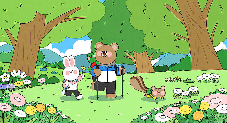 나무 꽃 일러스트 배낭 곰 의인화 개구리 미소 들기 잔디 사람없음 걷기 등산 토끼 잡기 풀 숲속 식목일 다람쥐 업기 등산스틱 국내일러스트 AI파일 식물 동물 기념일 가방 포유류 모션 표정 양서류 반려동물 트래킹 설치류 숲 등산용품 파일형식 벡터