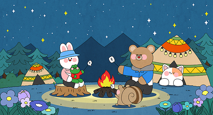 나무 모자 꽃 야경 일러스트 곰 밤하늘 의인화 텐트 개구리 미소 들기 앉기 사람없음 반짝임 고양이 캠핑 토끼 풀 꼬치 숲속 모닥불 식목일 다람쥐 나무밑둥 마시멜로우 국내일러스트 AI파일 식물 동물 잡화 기념일 포유류 모션 하늘 불 레저 디저트 표정 캠핑도구 양서류 반려동물 야간 설치류 숲 파일형식 벡터 풍경_경치