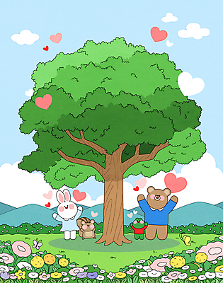 전신 나무 구름 꽃 나비 일러스트 곰 하늘 의인화 개구리 미소 잔디 사람없음 만세 하트 토끼 풀 숲속 식목일 다람쥐 국내일러스트 AI파일 자연요소 모양 식물 동물 기념일 곤충 포유류 모션 표정 양서류 반려동물 설치류 숲 파일형식 벡터