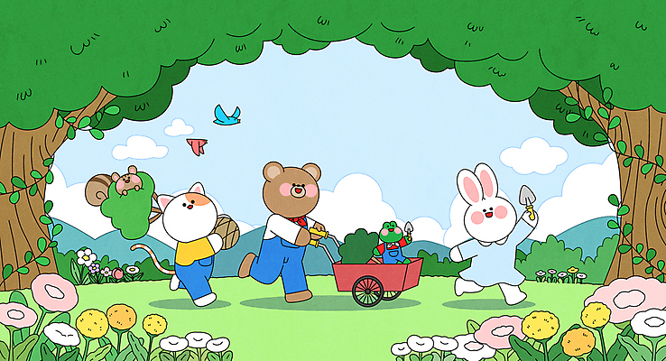 나무 구름 꽃 일러스트 곰 조류 하늘 의인화 개구리 미소 들기 잔디 사람없음 걷기 고양이 수레 토끼 풀 숲속 삽 식목일 다람쥐 나무심기 묘목 수레끌기 국내일러스트 AI파일 자연요소 식물 동물 기념일 포유류 모션 표정 양서류 반려동물 카트 당기기 설치류 숲 심기 파일형식 벡터