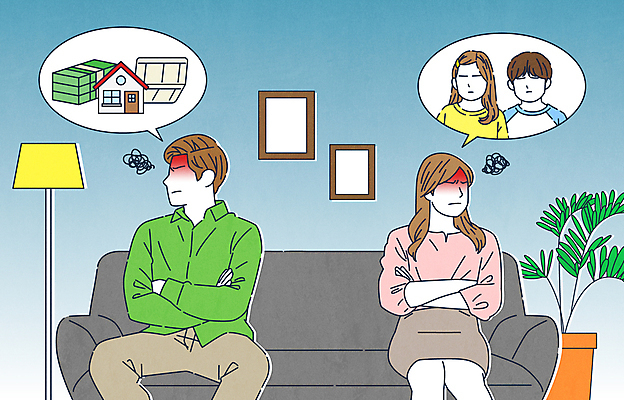 여자 남자 화분 어린이 하늘색 액자 말풍선 지폐 거실 일러스트 가정 주택 앉기 소녀 소년 여러명 성인 소파 팔짱 자녀 스탠드 돈다발 통장 집값 부부싸움 불화 이혼 국내일러스트 AI파일 부부 다수 돈 의자 모션 부동산 조명 사람 건물 금융 파란색 싸움 파일형식 벡터