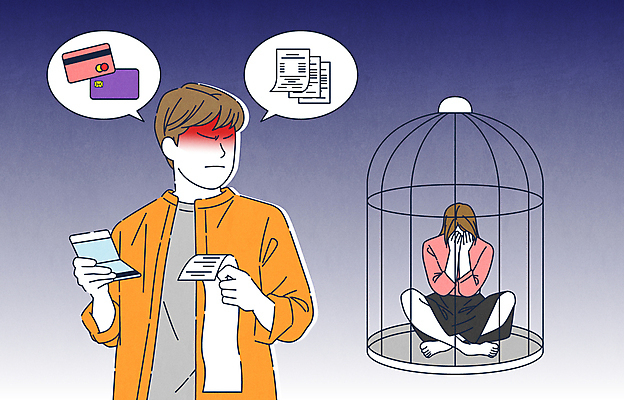 전신 여자 남자 말풍선 일러스트 가정 들기 상반신 성인 두명 신용카드 울음 남색 통제 구속 통장 가부좌 새장 영수증 얼굴가리기 불화 이혼 성인만 국내일러스트 AI파일 컬러 컨셉 모션 표정 사람 앉기 금융 가림 케이지 파일형식 벡터