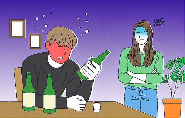 여자 남자 화분 액자 일러스트 가정 들기 상반신 성인 두명 팔짱 보라색 짜증 만취 부부싸움 소주병 알코올중독 불화 소주잔 이혼 성인만 국내일러스트 AI파일 부부 감정 컬러 술잔 모션 술병 사람 싸움 소주 중독 술취함 파일형식 벡터