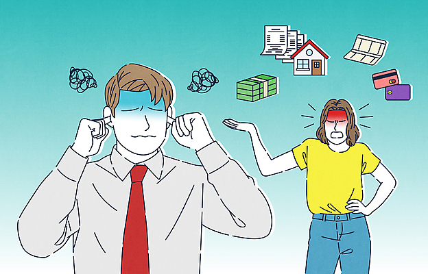 여자 남자 허리손 하늘색 지폐 일러스트 가정 주택 상반신 성인 두명 가리킴 신용카드 찡그림 돈다발 귀막기 통장 집값 부부싸움 잔소리 불화 이혼 성인만 폭언 국내일러스트 AI파일 부부 포즈 돈 부동산 표정 사람 손짓 건물 금융 파란색 싸움 파일형식 벡터 언어폭력