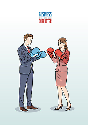 전신 여자 남자 일러스트 서기 정장 성인 두명 경쟁 권투 권투글러브 펀치 비즈니스맨 비즈니스우먼 성인만 국내일러스트 AI파일 옷 컨셉 비즈니스 모션 사람 격투기 글러브 직장인 파일형식 벡터