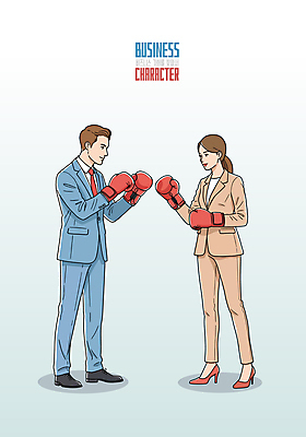 전신 여자 남자 일러스트 서기 정장 성인 두명 경쟁 권투 권투글러브 펀치 비즈니스맨 비즈니스우먼 성인만 국내일러스트 AI파일 옷 컨셉 비즈니스 모션 사람 격투기 글러브 직장인 파일형식 벡터