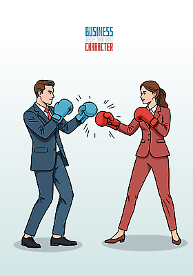 전신 여자 남자 일러스트 서기 미소 정장 성인 두명 경쟁 권투 권투글러브 펀치 비즈니스맨 비즈니스우먼 성인만 국내일러스트 AI파일 옷 컨셉 비즈니스 모션 표정 사람 격투기 글러브 직장인 파일형식 벡터