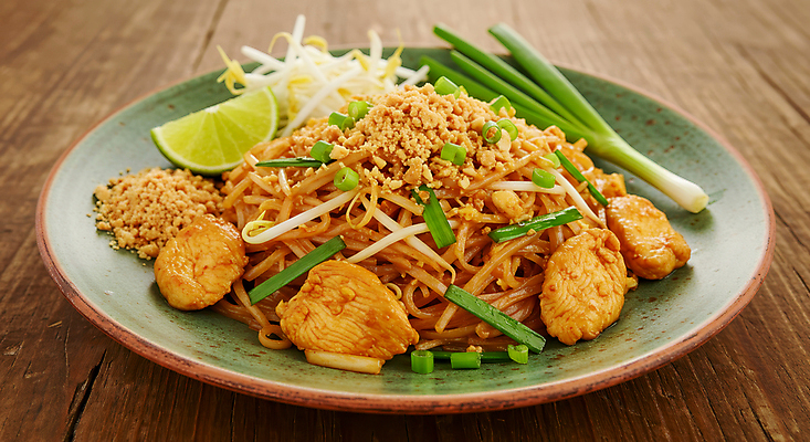 JPG 편집이미지 접시 태국 요리 사람없음 계란 전통음식 땅콩 라임 쪽파 나무탁자 숙주 팟타이 맛있는 편집실사 AI포토 AI콘텐츠 전통 식기 아시아 음식 과일 탁자 알 견과류 CG 파 태국음식 파일형식