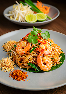 JPG 편집이미지 접시 태국 새우 요리 사람없음 전통음식 고수 홍고추 땅콩 라임 고춧가루 나무탁자 숙주 팟타이 맛있는 편집실사 AI포토 AI콘텐츠 전통 식기 아시아 음식 과일 고추 탁자 갑각류 견과류 가루 향신료 CG 태국음식 파일형식