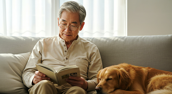 JPG 편집이미지 할아버지 노년 남자 여유 거실 집안 휴식 한명 미소 들기 일상 책 실버라이프 소파 독서 햇빛 잠 커튼 골든리트리버 강아지 의료성형뷰티 노인남자한명만 안경낌 편집실사 AI인물포토 AI콘텐츠 1 라이프스타일 감정 안경 컨셉 의자 모션 실내 표정 사람 성인 라이프 반려동물 태양 개 리트리버 CG 남자한명만 노인남자만 파일형식 AI포토